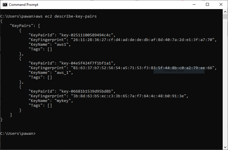 AWS CLI Showing the All Key Pairs